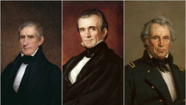 Ba tổng thống Mỹ từ trái sang phải là William Henry Harrison, James K. Polk và Zachary Taylor. 