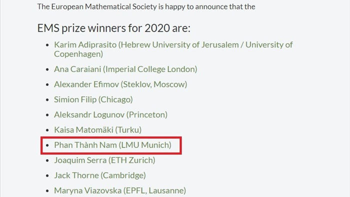 Nhà toán học người Việt đạt giải thưởng toán học danh giá nhất châu Âu