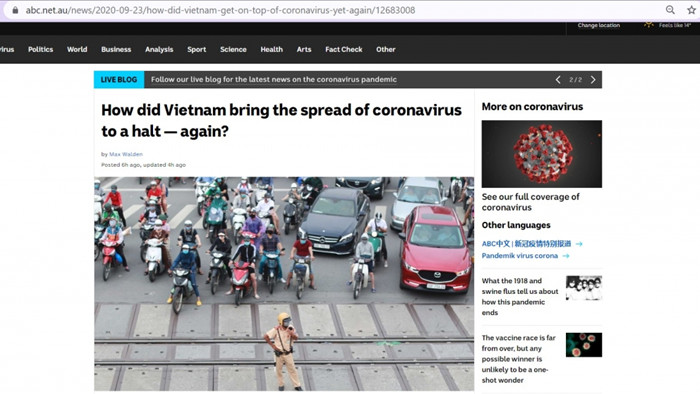 Bài báo ABC đánh giá cách thức ứng phó với dịch Covid-19 của Việt Nam. (Ảnh chụp màn hình)
