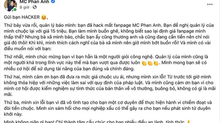 MC Phan Anh bi hack fanpage tren Facebook anh 1