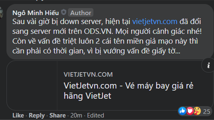 Sau khi bị đánh sập, trang web giả mạo Vietjet Air lại bất ngờ hồi sinh, Hieupc phát cảnh báo ẩn ý sẽ triệt luôn tên miền này! - Ảnh 1.