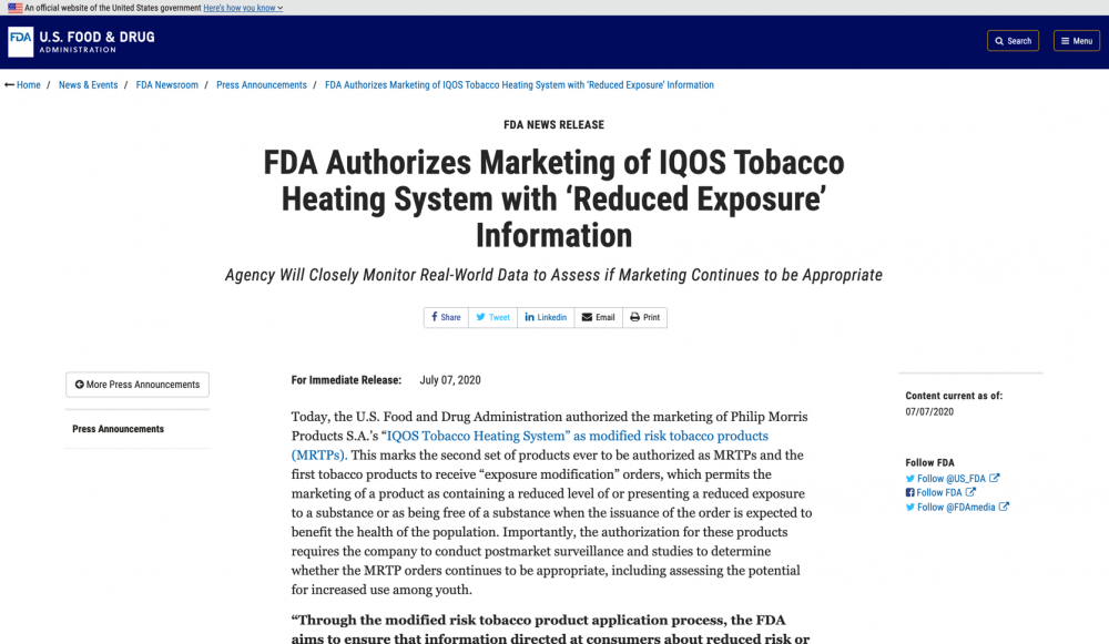 FDA công bố sản phẩm IQOS của công ty Philip Morris International (PMI) được kinh doanh tại Mỹ như là sản phẩm thuốc lá điều chỉnh nguy cơ