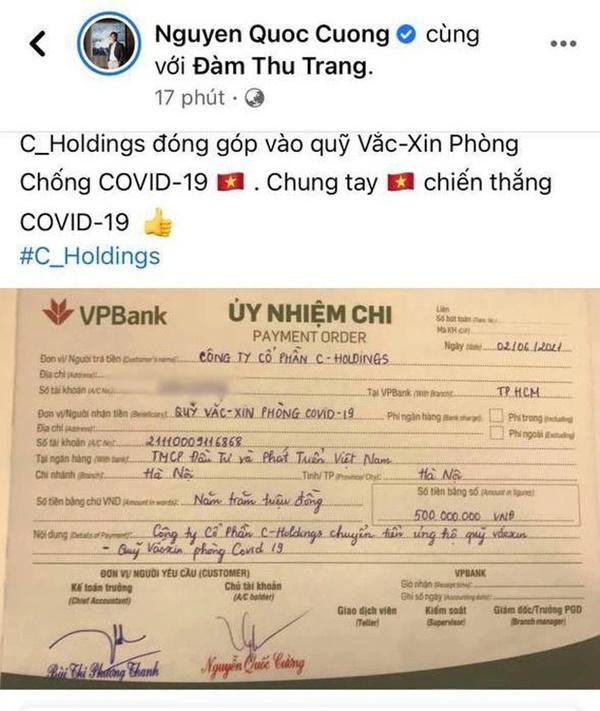 Cường Đô La - Đàm Thu Trang thay mặt công ty ủng hộ 500 triệu đồng cho Quỹ vaccine phòng Covid-19-1