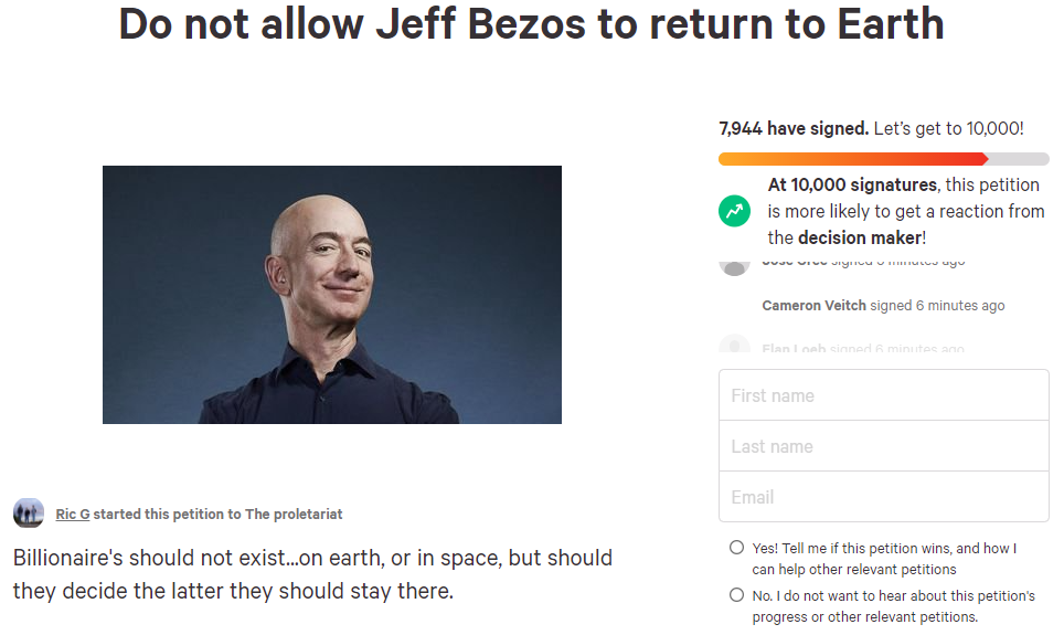 Chưa kịp bay lên không gian, Jeff Bezos đã bị hàng nghìn người muốn cấm trở về Trái Đất-1