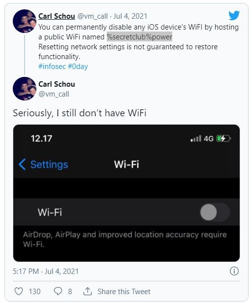 Xuất hiện biến thể mới nguy hiểm của lỗi tên mạng Wi-Fi trên iPhone, thiết bị chỉ cần nằm trong vùng phủ sóng là dính đòn - Ảnh 2. Xuất hiện biến thể mới nguy hiểm của lỗi tên mạng Wi-Fi trên iPhone, thiết bị chỉ cần nằm trong vùng phủ sóng là dính đòn - Ảnh 2.