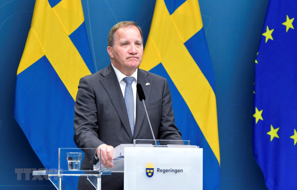 Thủ tướng Thụy Điển Stefan Lofven trong cuộc họp báo tại Stockholm, ngày 21/6/2021. (Ảnh: AFP/TTXVN)