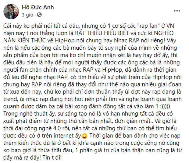 Thí sinh Rap Việt đồng loạt chia sẻ bài viết chỉ trích rap fan dốt nát-1