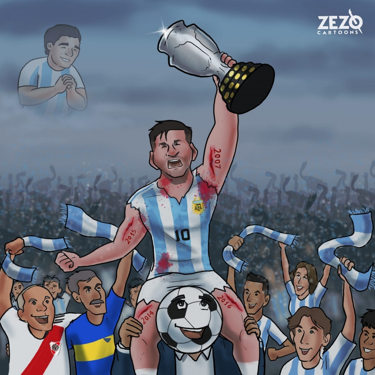 Messi đã đoạt được danh hiệu đầu tiên cùng ĐT Argentina sau rất nhiều lần thất bại ở các trận chung kết. (Ảnh: Zezo Cartoons). 