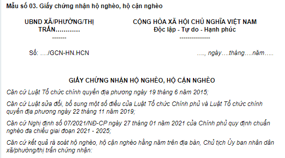 Mẫu Giấy chứng nhận hộ nghèo, hộ cận nghèo