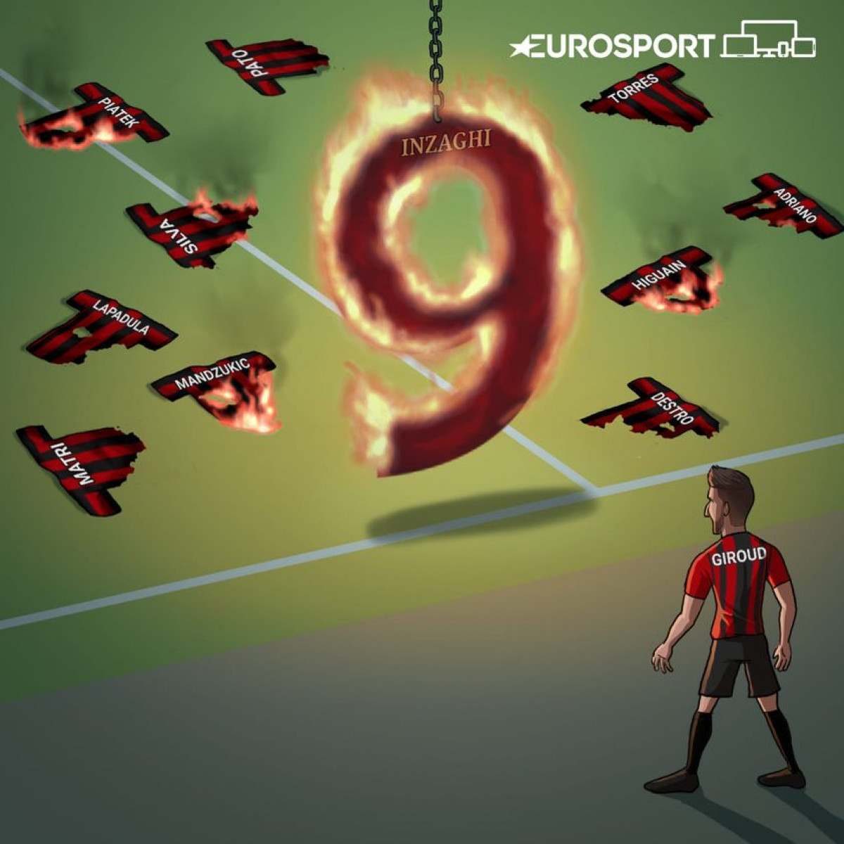 Olivier Giroud đối mặt lời nguyền số 9 ở AC Milan. (Ảnh: ZEZO Cartoons)