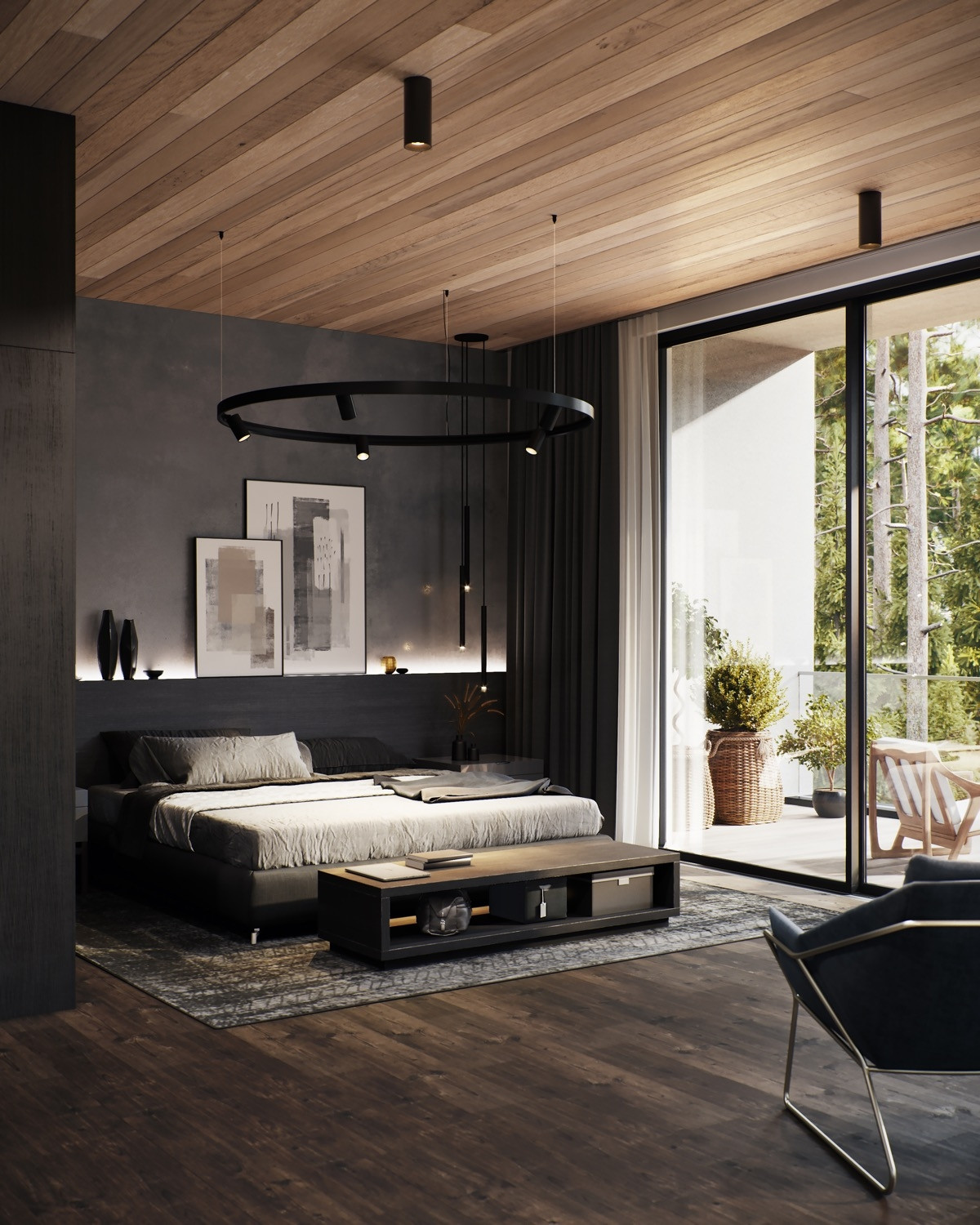 Màu đen và gỗ là một sự kết hợp vô cùng ăn ý phù hợp với kiểu trang trí phòng ngủ mộc mạc.