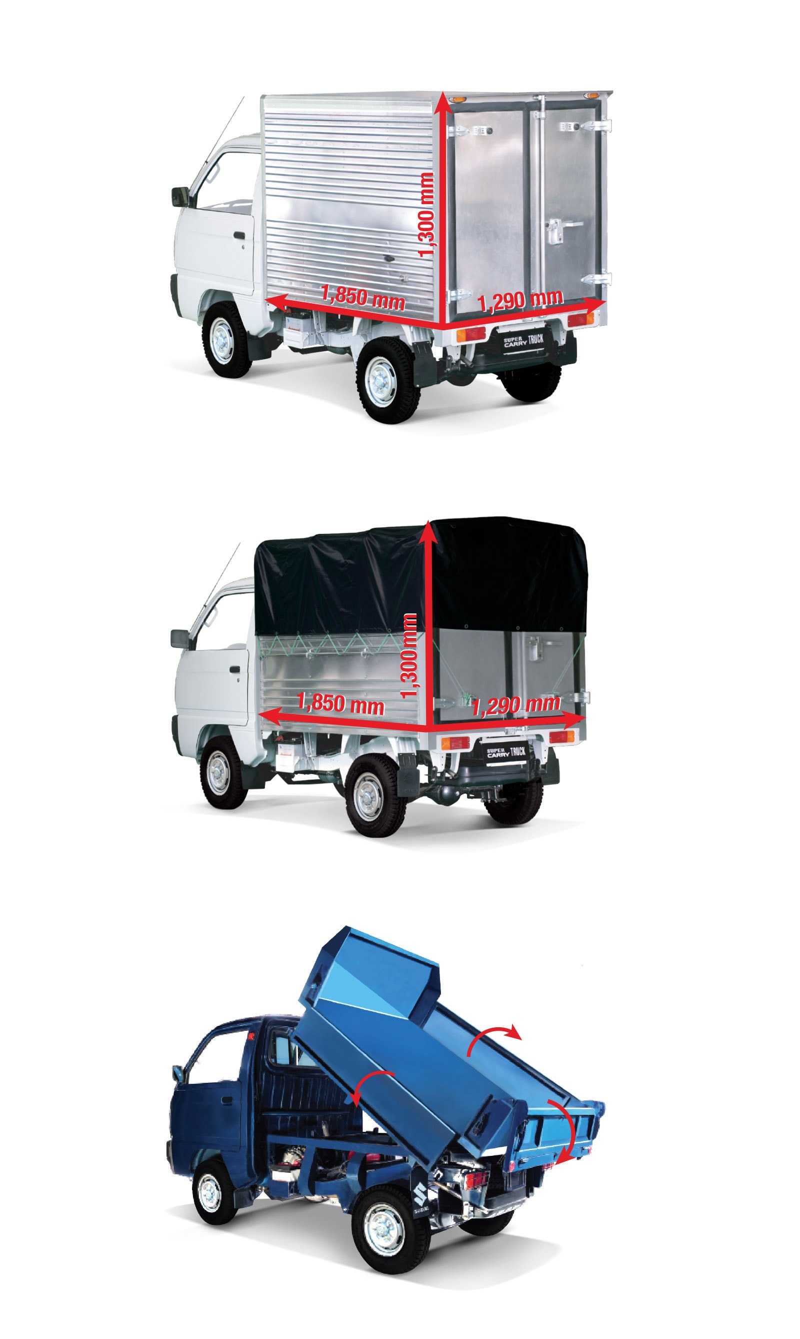 Khách hàng Suzuki Carry Truck Truck có nhiều lựa chọn thùng xe: thùng kín, mui bạt, thùng ben (theo thứ tự từ trên xuống) Khách hàng Suzuki Carry Truck Truck có nhiều lựa chọn thùng xe: thùng kín, mui bạt, thùng ben (theo thứ tự từ trên xuống)