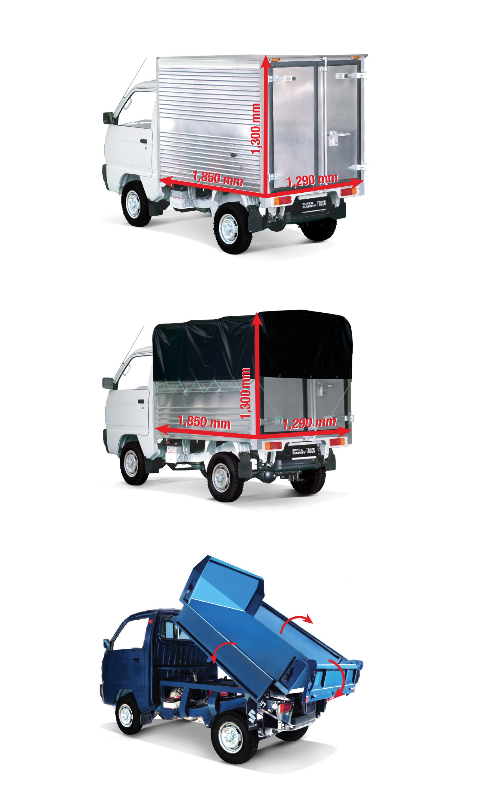 Khách hàng Suzuki Carry Truck Truck có nhiều lựa chọn thùng xe: thùng kín, mui bạt, thùng ben (theo thứ tự từ trên xuống)