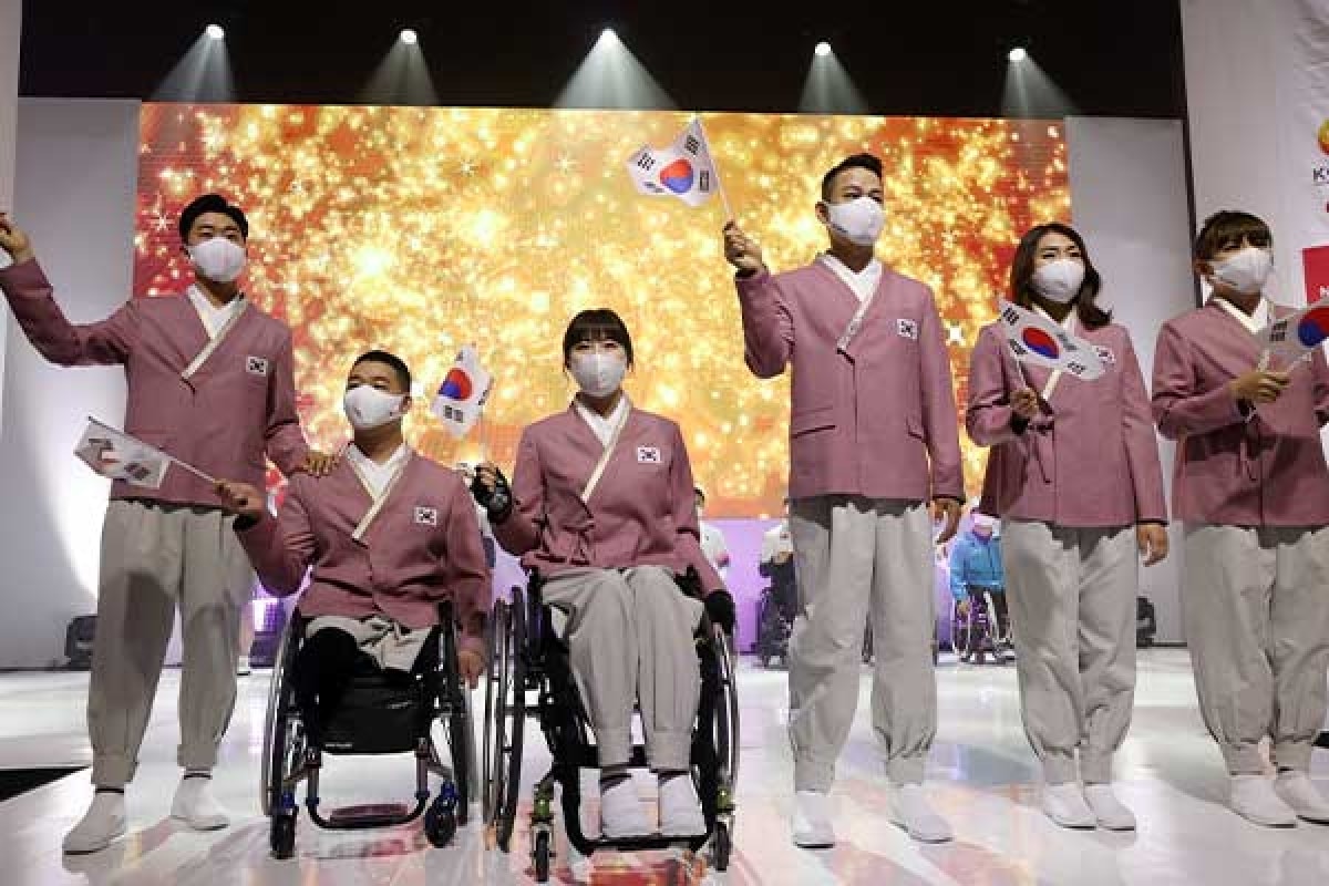 Các VĐV Paralympic Hàn Quốc tại lễ xuất quân. (Ảnh: Yonhap).