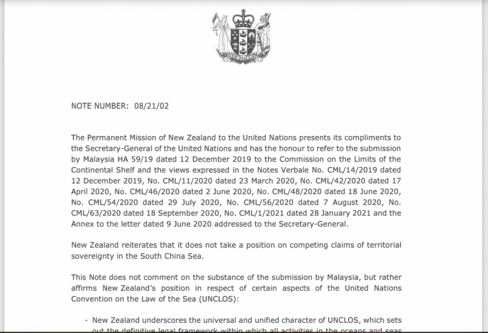 New Zealand gửi công hàm lên LHQ bác bỏ yêu sách quyền lịch sử ở Biển Đông