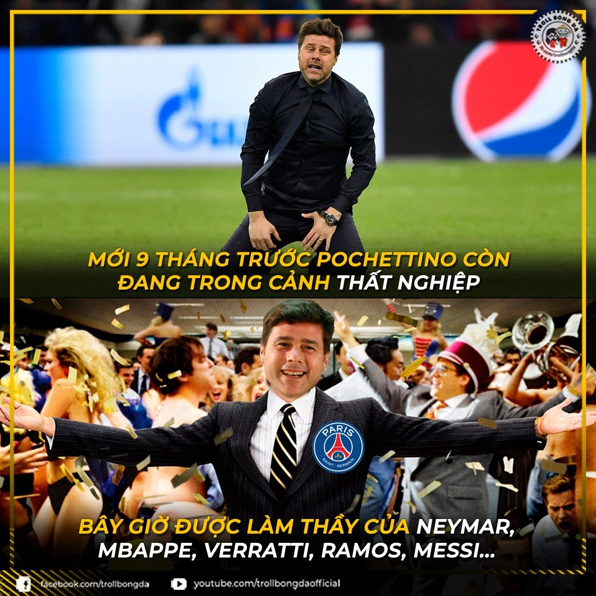 HLV Pochettino may mắn nhất thế giới khi được dẫn dắt Messi và dàn sao ở PSG. (Ảnh: Troll bóng đá). 