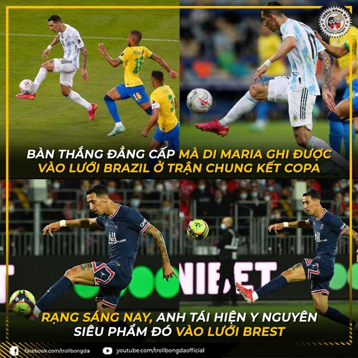 Di Maria tái hiện siêu phẩm ở Copa America vào lưới Brest. (Ảnh: Troll bóng đá). 