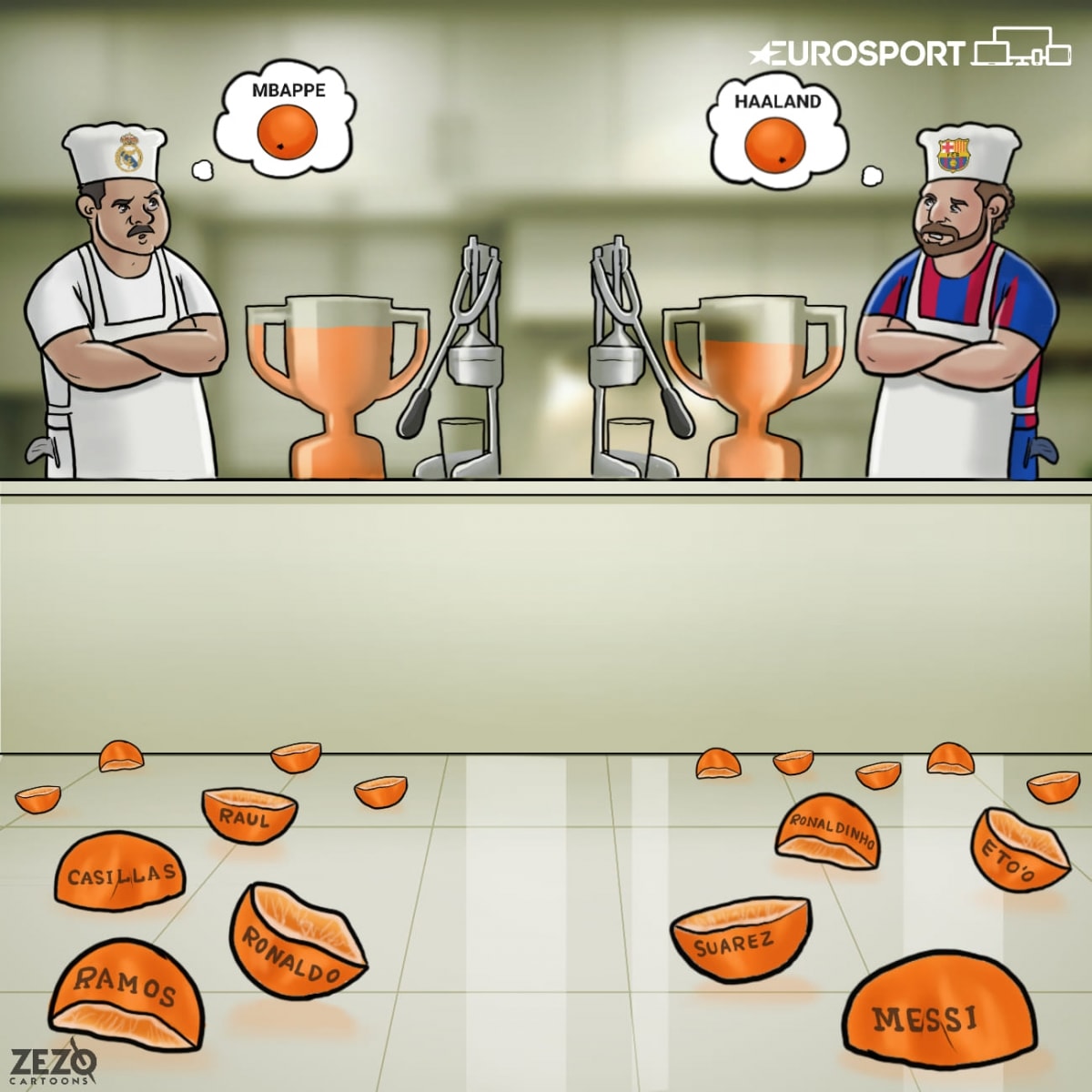 Real Madrid và Barca đang mơ về những siêu sao mới trong đội hình. (Ảnh: Zezo Cartoons)./. 