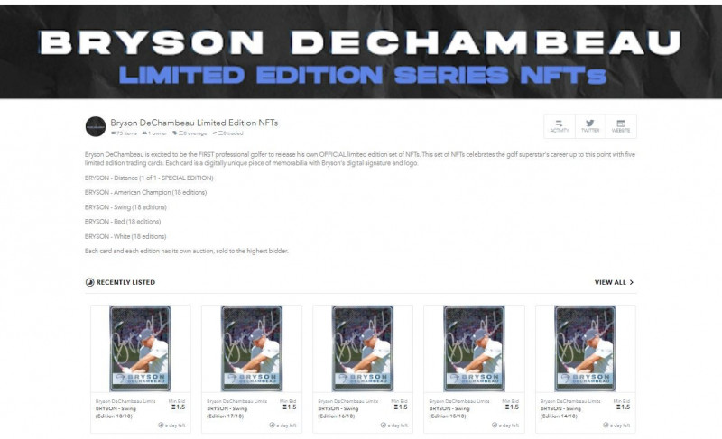 Năm thẻ NFT của DeChambeau phát hành trên sàn giao dịch vào tháng 3/2021