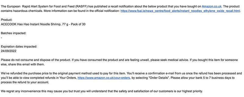 Amazon ra khuyến cáo và hoàn tiền cho khách hàng mua mì Hảo Hảo
