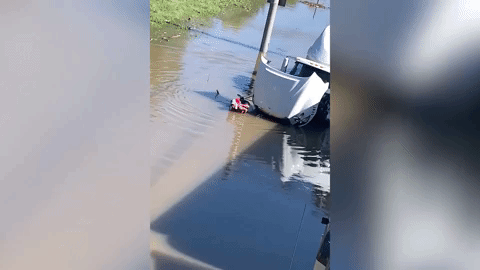 Khoảnh khắc tài xế xe tải được giải cứu trên đường ngập sau bão