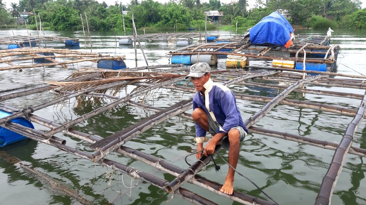 Nông hộ gia cố lồng bè nuôi cá. Ảnh: VIỆT NGUYỄN