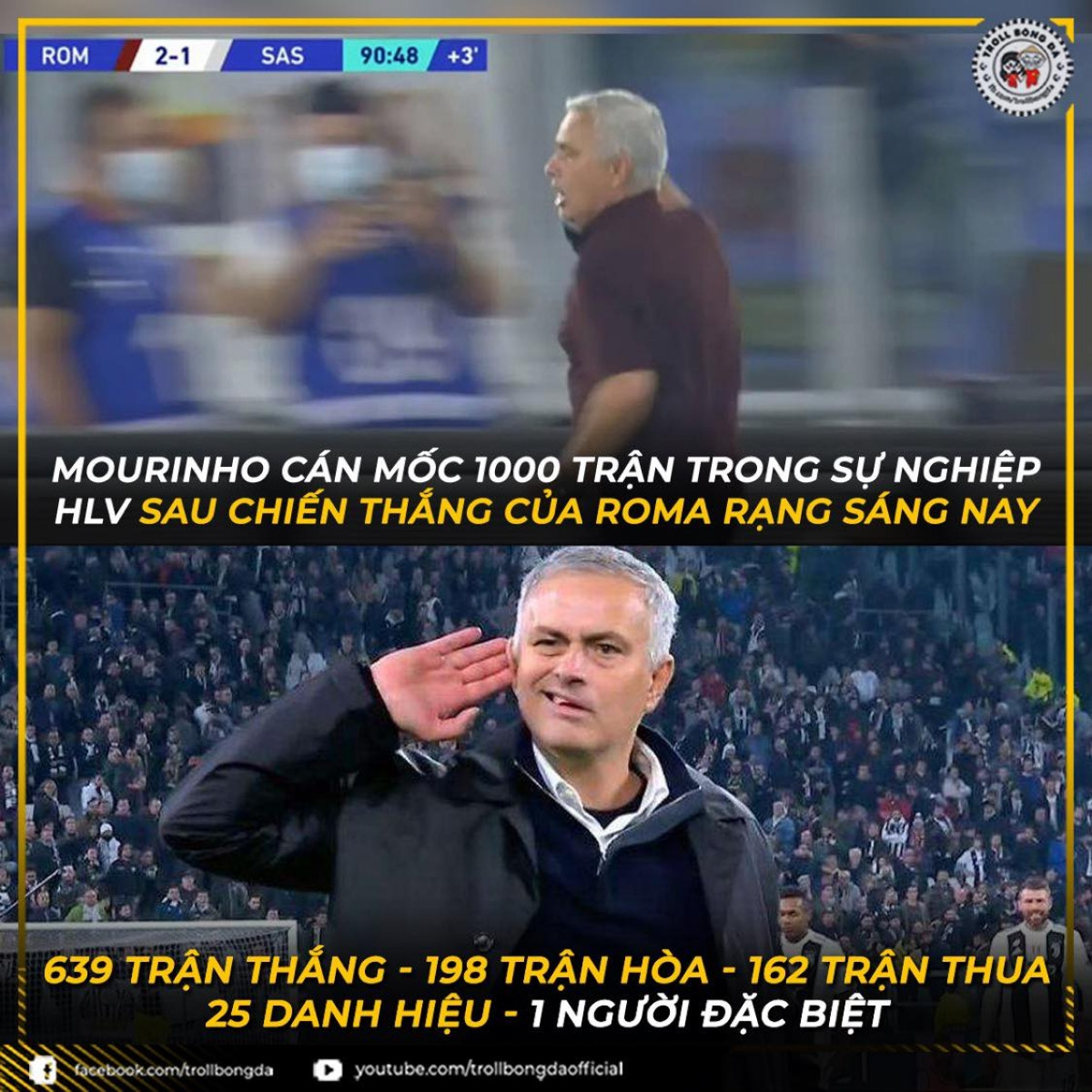 HLV Mourinho cán mốc 1000 trận đấu trong sự nghiệp huấn luyện. (Ảnh: Troll bóng đá). 