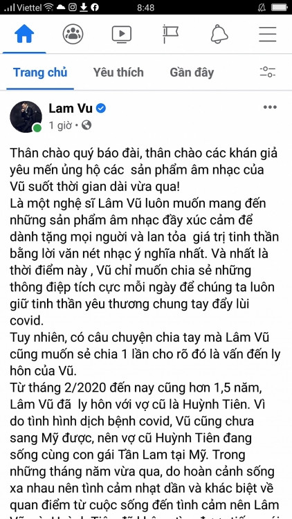 Ca sĩ Lâm Vũ công khai sự việc ly hôn