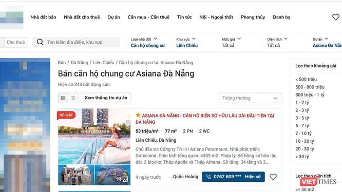 Bất chấp dự án Khu căn hộ Asiana chưa đủ điều kiện, các trang web vẫn rao bán