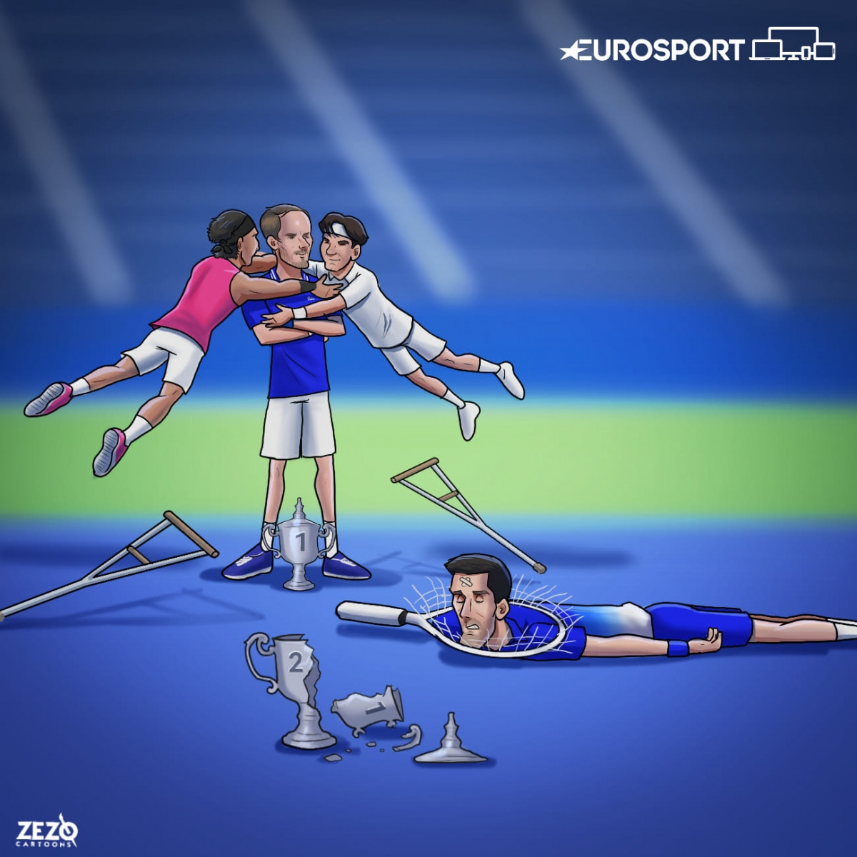 Nadal và Federer cảm ơn Medvedev đã ngăn cản được Djokovic. (Ảnh: Zezo Cartoons)./. 