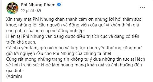 Ê-kíp Phi Nhung thông báo nữ ca sĩ đang tiến triển khả quan-1