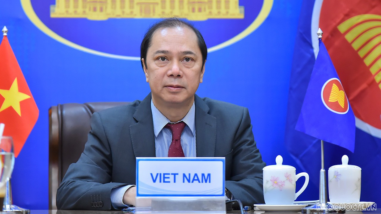 Thứ trưởng Nguyễn Quốc Dũng, Trưởng SOM ASEAN Việt Nam tái khẳng định sự ủng hộ của Việt Nam dành cho Chủ tịch ASEAN 2021 Brunei. (Ảnh: Tuấn Anh)