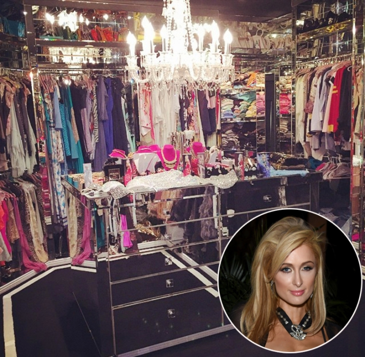 Paris Hilton phải sử dụng vài căn phòng để chứa riêng biệt khối quần áo, trang sức của cô. Một trong những căn phòng không khác gì cửa hàng thời trang.