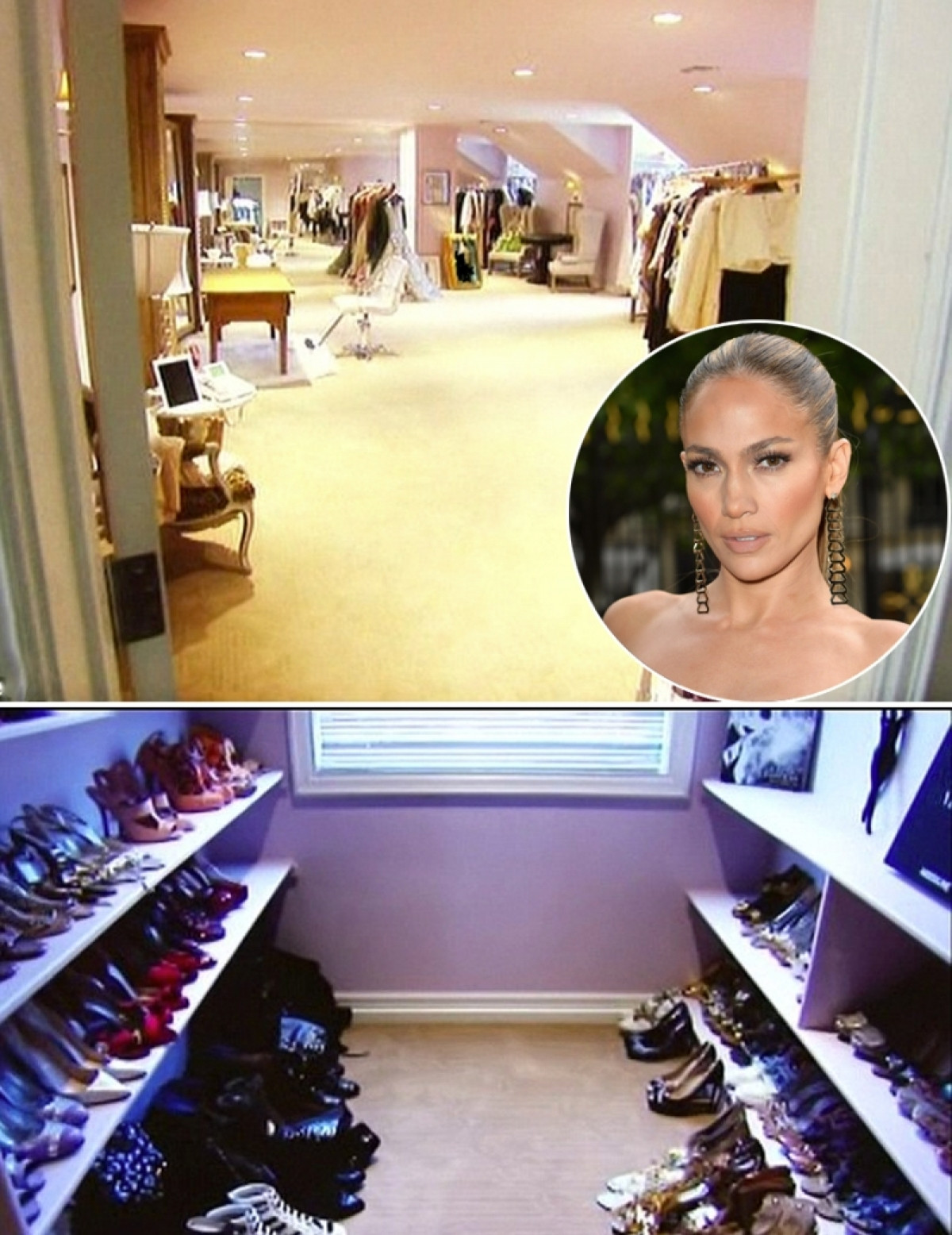 Phòng để quần áo của Jennifer Lopez có diện tích bằng cả một căn hộ. Không gian khá thoáng và được chia làm nhiều khu vực khác nhau như nơi đựng giày, đựng túi, nơi thử đồ...