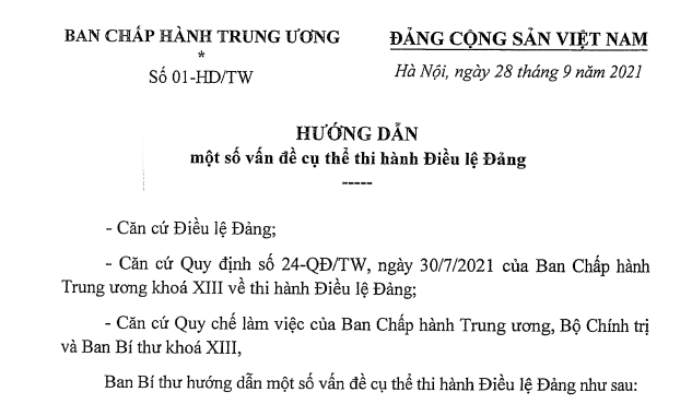 Hướng dẫn 01-HD/TW về thi hành Điều lệ Đảng