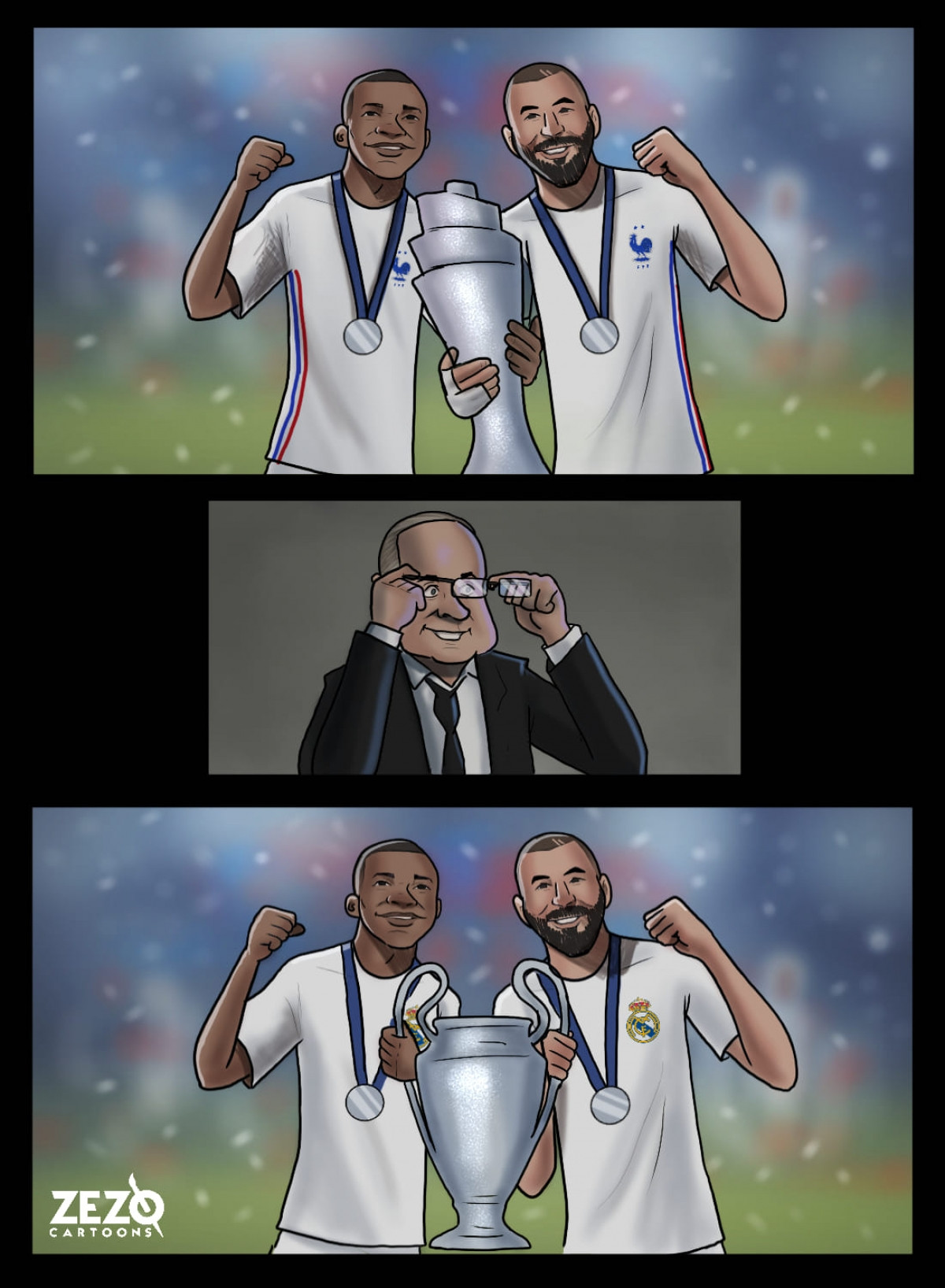 Real Madrid đếm ngược tới ngày đón Kylian Mbappe về đá cặp với Karim Benzema. (Ảnh: ZEZO Cartoons)