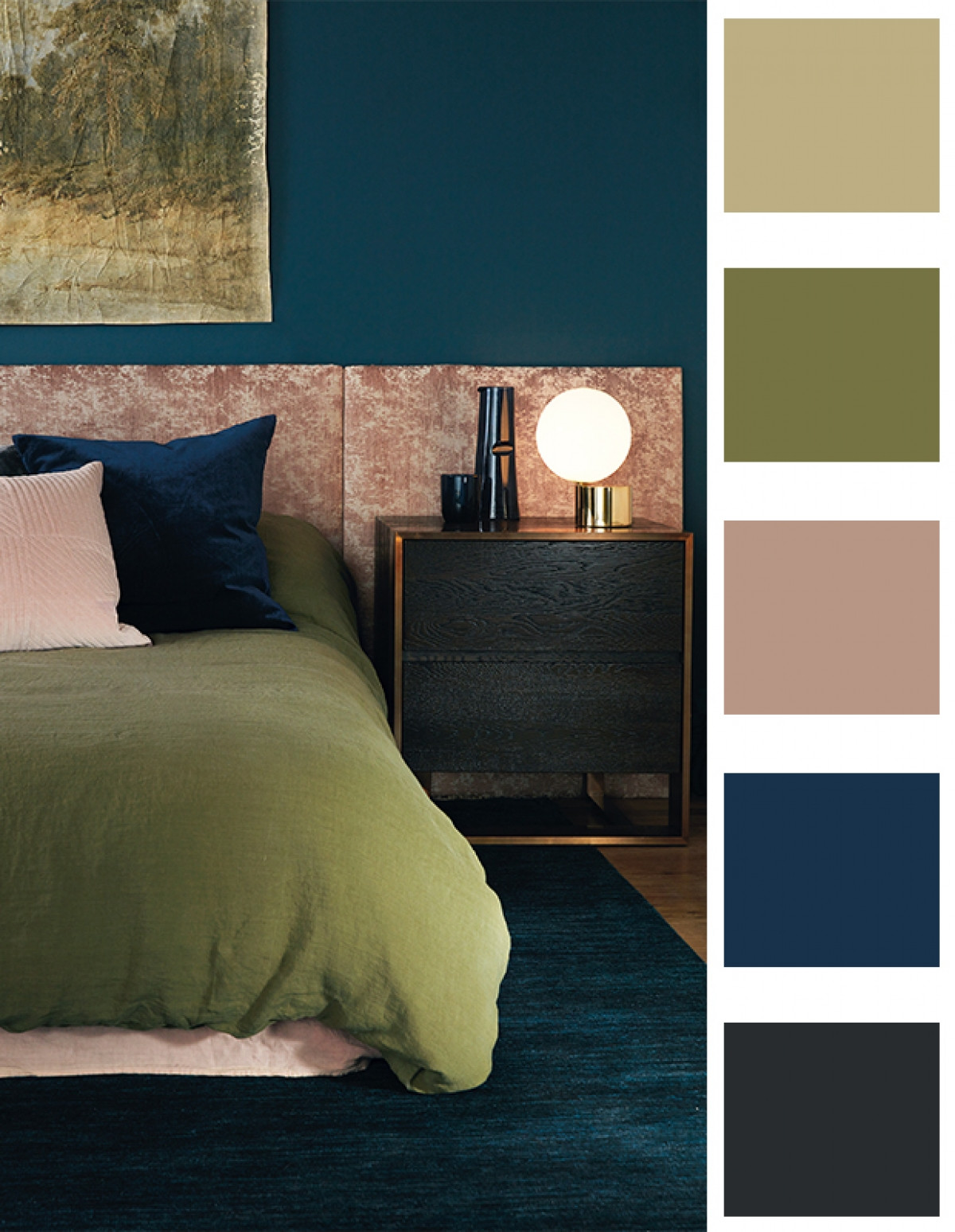Phòng ngủ mang cảm giác dễ chịu với màu xanh ô liu chủ đạo.