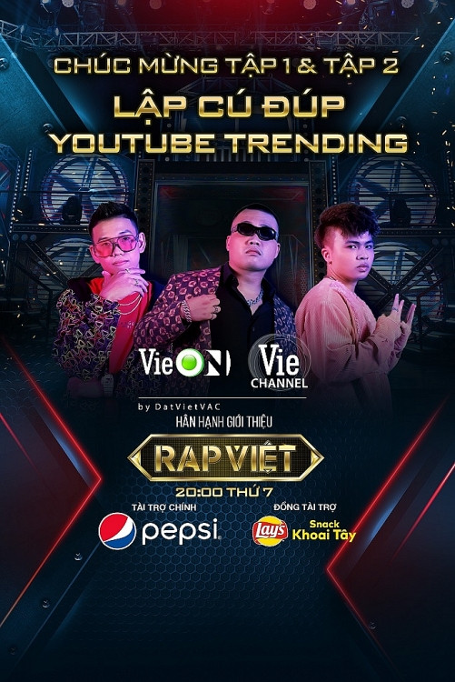 'Rap Việt: Tập 1 'nhường' tập 2 thăng hạng, cùng 'bắt tay' chiếm đỉnh top Trending Youtube