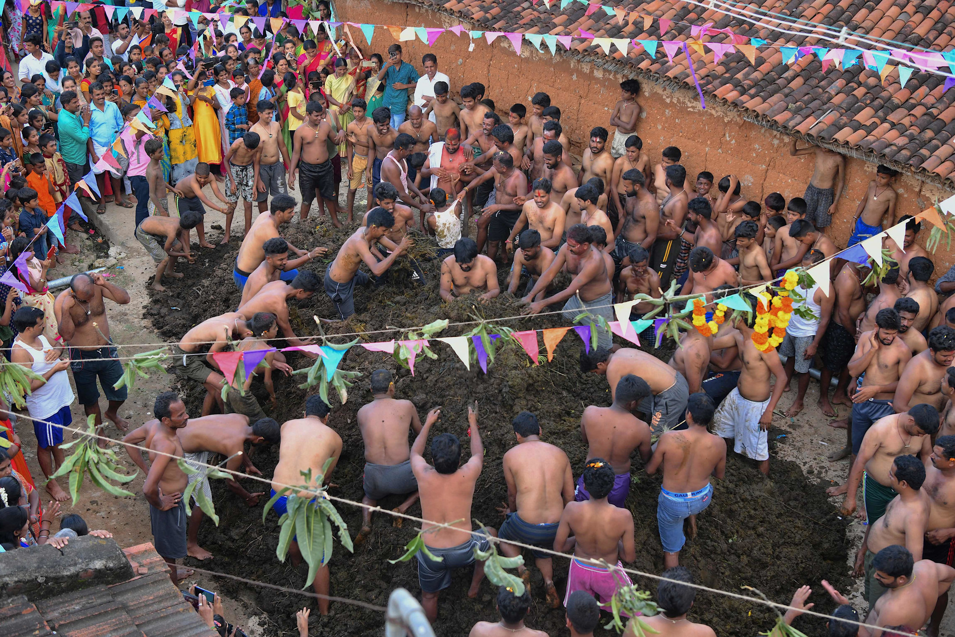 Hàng trăm người chen chân tham gia lễ hội ném phân bò