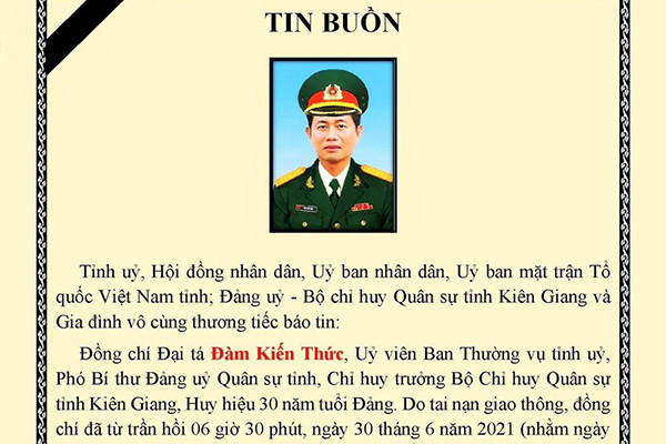 Chỉ huy trưởng Bộ Chỉ huy Quân sự tỉnh Kiên Giang qua đời do tai nạn giao thông