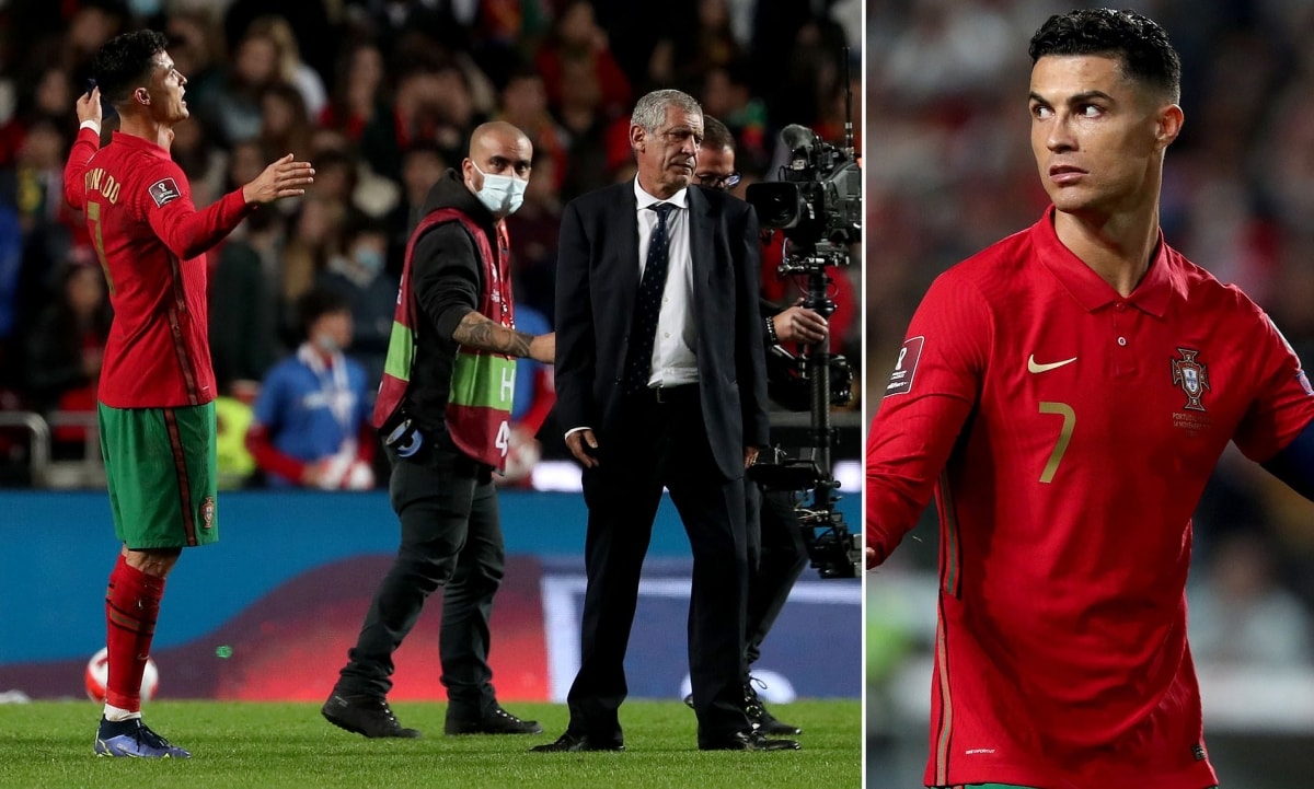 Cristiano Ronaldo nổi đoá với HLV Fernando Santos. (Ảnh: Daily Mail)