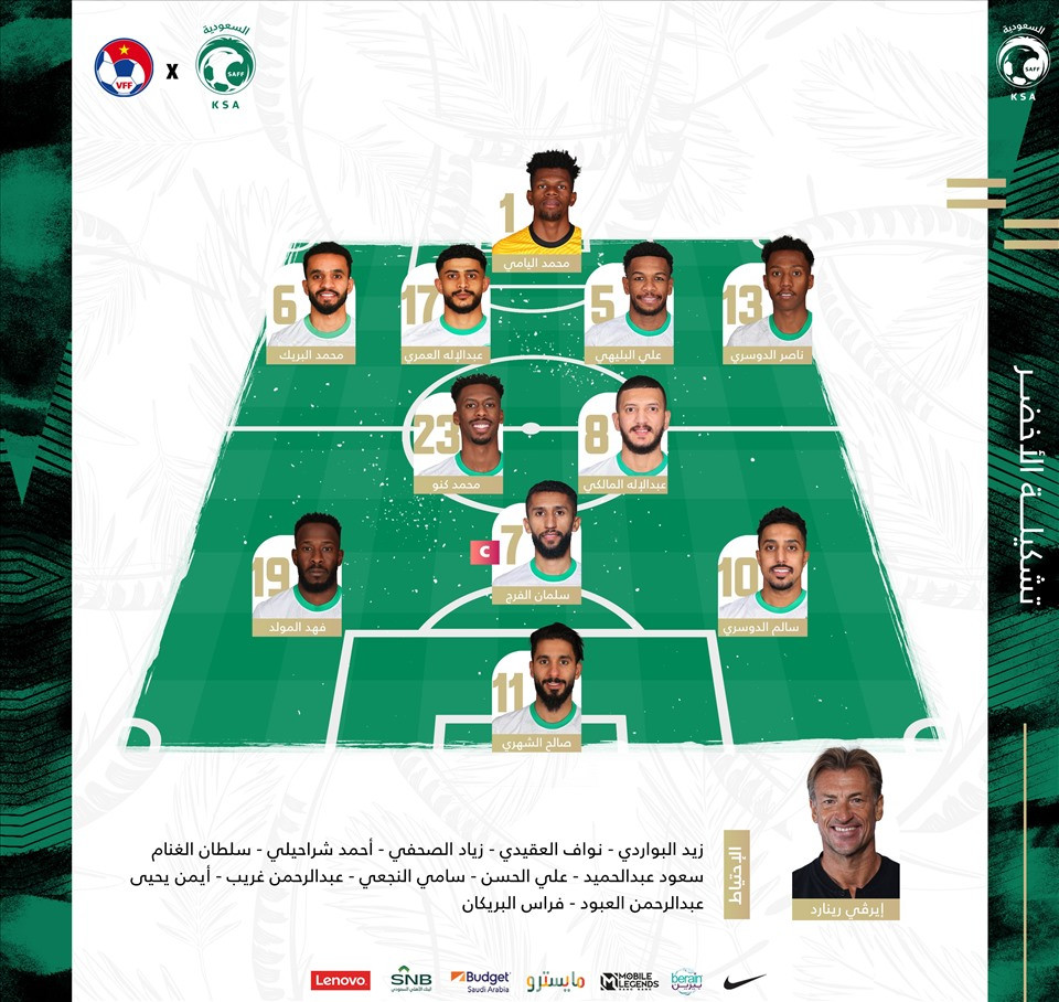 Đội hình xuất phát của tuyển Saudi Arabia đấu tuyển Việt Nam. Họ thay đổi 2 nhân sự nhưng vẫn chơi theo sơ đồ 4-2-3-1. Ảnh: LĐBĐ Saudi Arabia.