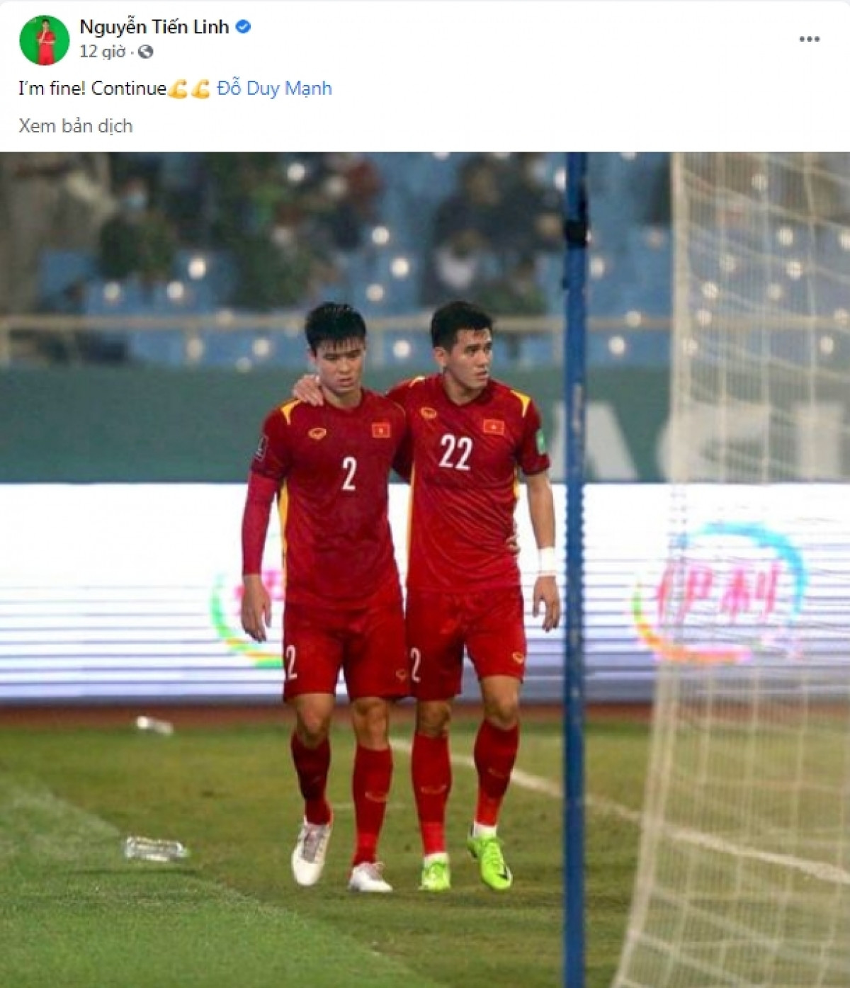 Tiến Linh trấn an người hâm mộ rằng mình vẫn ổn, sau khi tập tễnh rời sân trong trận gặp Saudi Arabia.