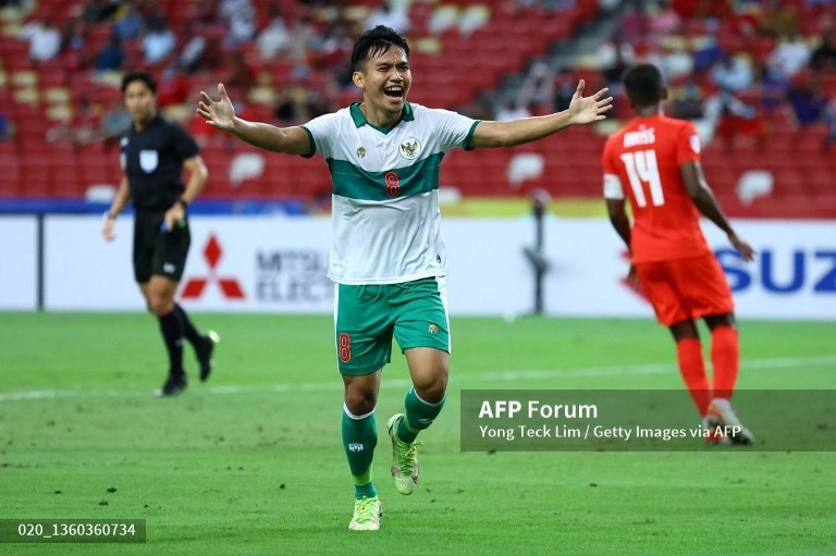 Witan Sulaeman ghi bàn mở tỉ số cho tuyển Indonesia. Ảnh: AFP