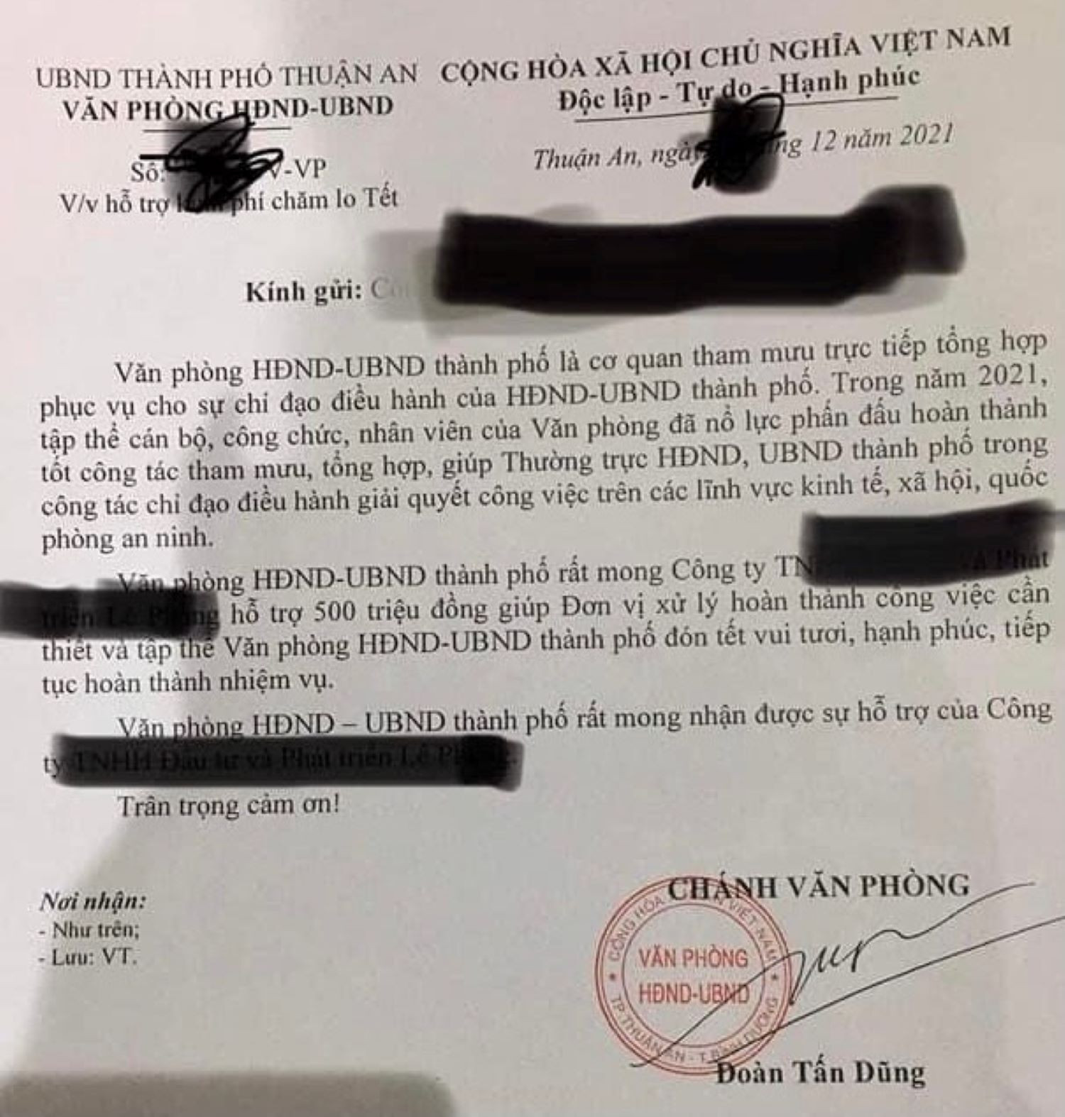 Văn phòng UBND TP Thuận An xin doanh nghiệp 500 triệu để 'đón Tết vui tươi'? - 1