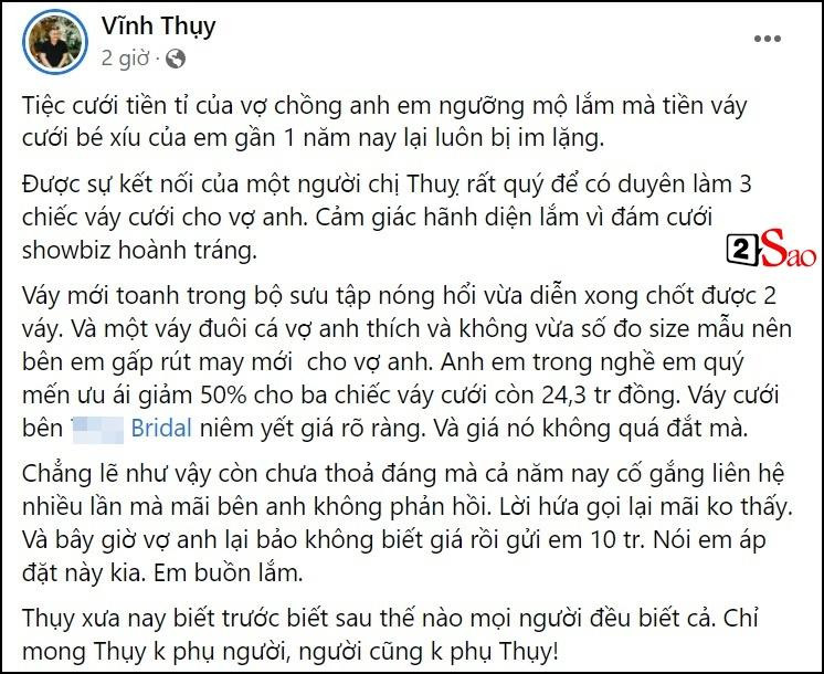 NTK Vĩnh Thụy tố sao nam Vbiz quỵt tiền mua váy cưới cho vợ-2