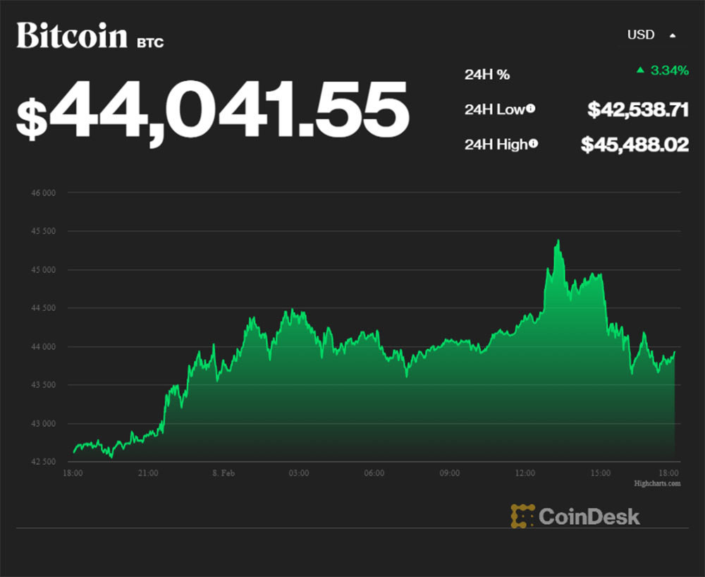 Giá Bitcoin tăng mạnh, phá mốc 45.000 USD