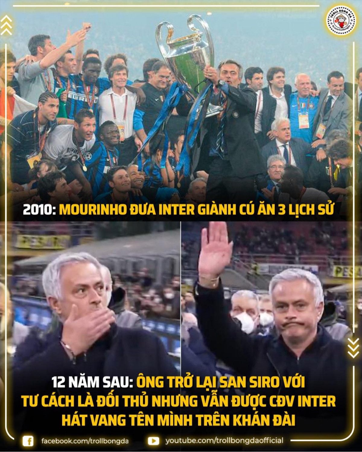 Jose Mourinho được chào đón khi trở lại sân đấu của Inter Milan. (Ảnh: Troll Bóng đá). 
