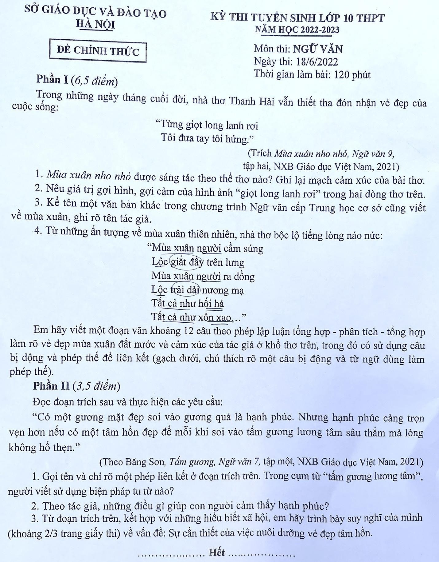 Gợi ý đáp án môn Văn thi vào lớp 10 Hà Nội năm 2022 - 1