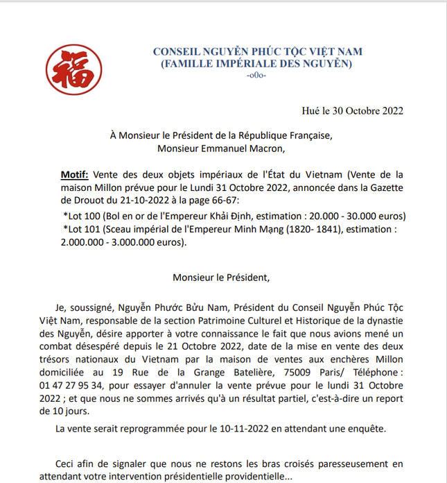 Nguyễn Phúc tộc Việt Nam gửi thư kiến nghị hủy đấu giá ấn vàng triều Nguyễn ảnh 2